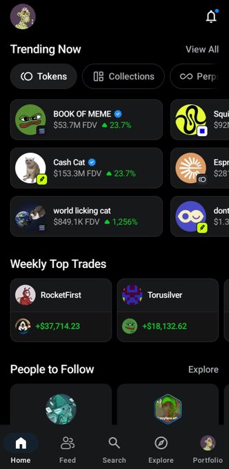 A mobile app interface displays a 'Trending Now' section with tabs for Tokens, Collections, and Perp, featuring cryptocurrencies like BOOK OF MEME ($53.7M FDV, ▲23.7%), Cash Cat ($153.3M FDV, ▲23.7%), and world licking cat ($849.1K FDV, ▲1,256%), followed by Weekly Top Trades and People to Follow sections.