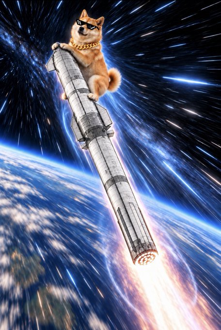 A humorous digital image showing a Shiba Inu dog wearing sunglasses and a gold chain, clinging to a rocket flying through space above Earth with a hyperspace starfield effect in the background.