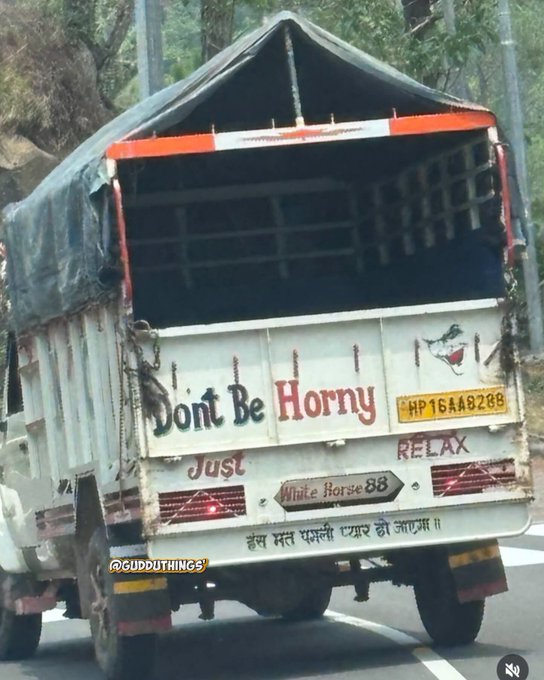 The back of a white truck is shown with the painted messages 'Dont Be Horny Just RELAX' along with a 'White Horse 88' logo and Hindi text, with the watermark '@GUDDUTHINGS' at the bottom.