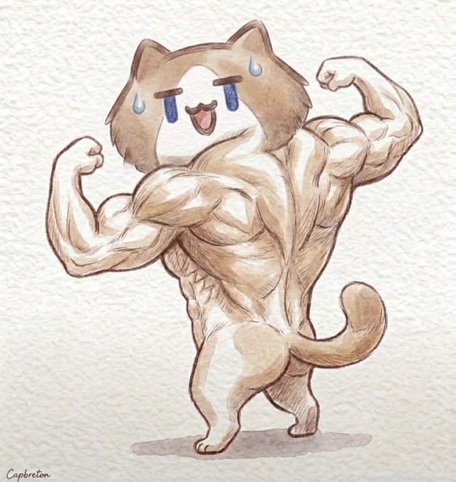 A watercolor and ink illustration depicts a muscular, anthropomorphic brown and white cat flexing its biceps with a strained expression and sweat drops, signed 'Capbreton'.