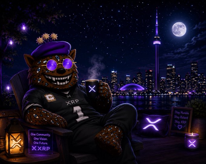 An illustration of a character wearing XRP-branded clothing and sunglasses, sitting in a chair with a coffee mug, set against the Toronto skyline at night with a full moon, accompanied by signs reading 'One Community. One Vision. One Future. XRP' and 'Stay Humble Stay Patient Stay XRP'.