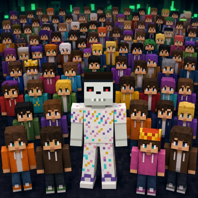 A 3D rendered scene showing a large crowd of Minecraft-style characters surrounding a central figure that has a white skeleton-like head with red eyes and a colorful pixelated body.