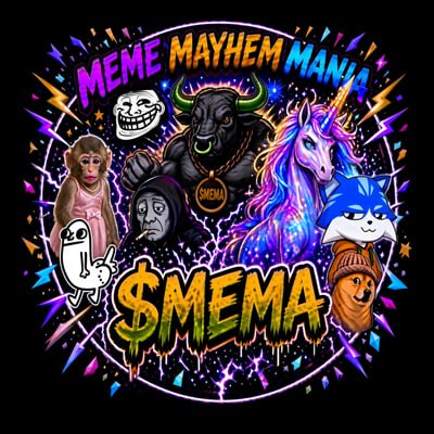 A vibrant, colorful graphic titled 'MEME MAYHEM MANIA' and '$MEMA' featuring various internet meme characters including a troll face, a bull, a unicorn, and a Shiba Inu dog.