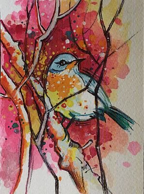 A colorful watercolor painting depicts a blue and yellow bird perched among tree branches with vibrant pink, red, and orange foliage.