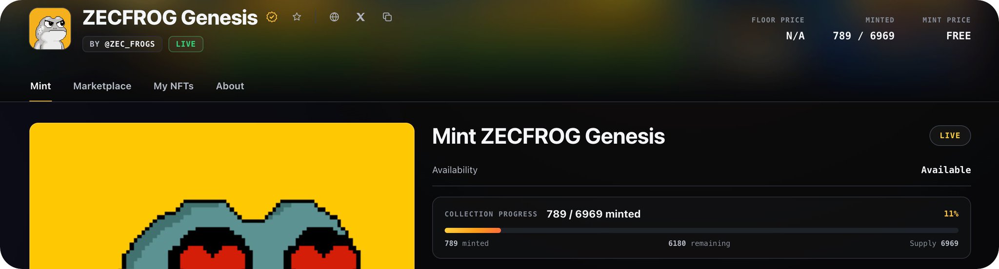 A screenshot of an NFT minting page for 'ZECFROG Genesis' on a marketplace, showing 789/6969 minted (11% collection progress) with a pixelated frog logo.