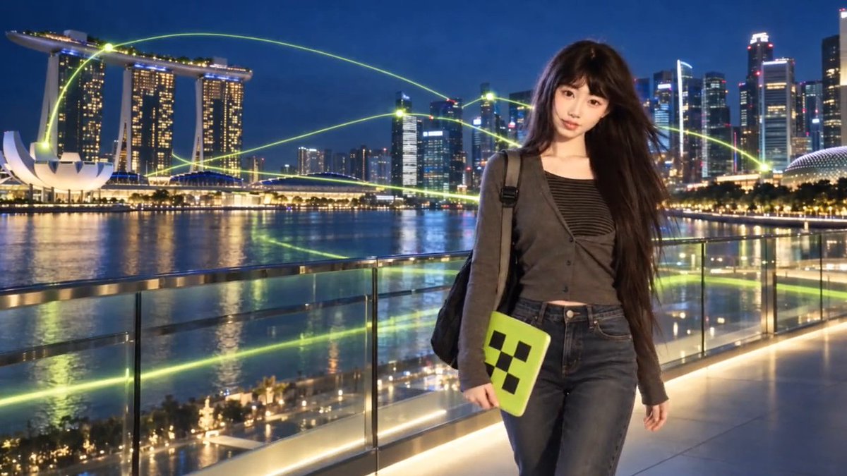 A young woman with long dark hair holding a green book stands on a balcony at night, with Singapore's Marina Bay Sands and illuminated skyline visible in the background.