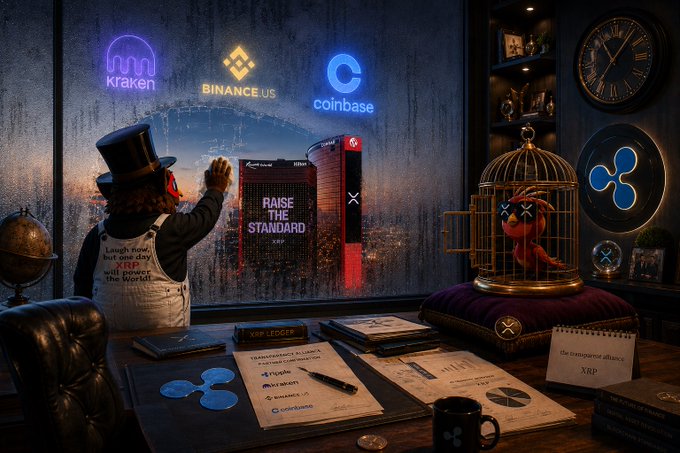 The image features a cartoon character dressed as a man wearing a top hat sitting at a desk with a window, looking out onto an office building. The character appears to be writing something down or drawing on paper while observing the outside scene. In front of the character is a birdcage containing a bird inside it. The background shows various logos and signs related to cryptocurrency exchanges, indicating that this scene takes place in an office setting where these exchanges are being discussed or implemented.