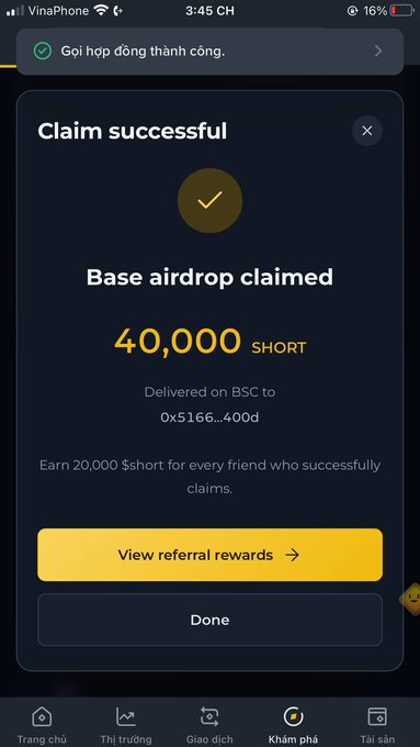 A mobile app screenshot displays a 'Claim successful' notification for a 'Base airdrop' of '40,000 $SHORT' delivered on BSC, with options to view referral rewards.
