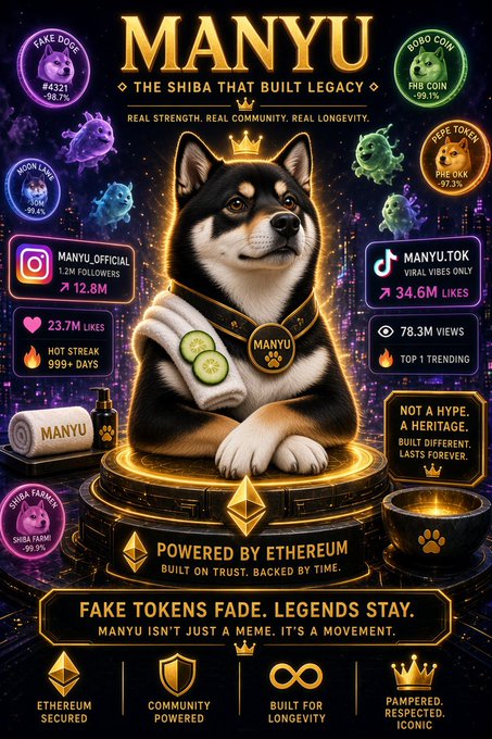 A promotional poster for 'MANYU — THE SHIBA THAT BUILT LEGACY' features a crowned Shiba Inu surrounded by social media stats, 'POWERED BY ETHEREUM,' and various memecoin logos including #4321, PIG COIN, and PIE TOKEN.