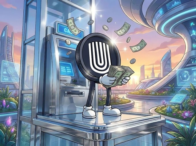 The image features a cartoon character, likely a robot or a computer program, standing next to an ATM machine with money falling out of its top. The character appears to be holding stacks of money, possibly representing the U Network's incentives for users. The text in the image reads "Great news U Network fam!!! You can now withdraw your incentives in fiat". This suggests that the character is promoting a new feature or service offered by the U Network, which allows users to access their funds without needing physical currency.

The scene takes place in an urban environment with buildings and other city elements visible around the ATM machine. The overall atmosphere of the image conveys a sense of excitement and anticipation for the new feature being introduced by the U Network.