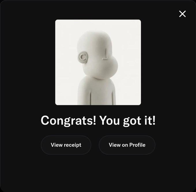 A black pop-up screen displays a white 3D character bust with the text "Congrats! You got it!" alongside "View receipt" and "View on Profile" buttons, celebrating the user's successful acquisition of an NFT as mentioned in their post.