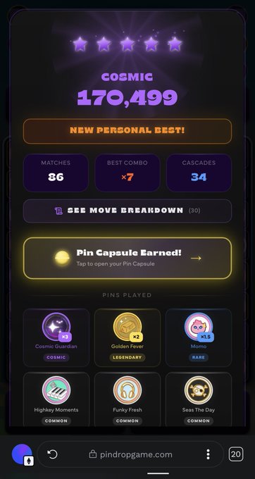 A mobile game results screen from pindropgame.com showing a 'COSMIC' score of 170,499 marked as a 'NEW PERSONAL BEST!' across 86 matches with 34 cascades, and a 'Pin Capsule Earned' notification above a grid of six pins played.