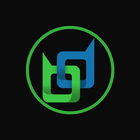 A circular logo featuring an interlocking green and blue design on a black background.