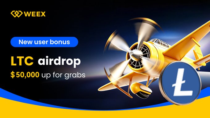A WEEX promotional banner advertising a new user bonus featuring an LTC airdrop with $50,000 up for grabs, visually represented by a golden airplane carrying a Litecoin (Ł) coin. The design complements the announcement of the "$LTC airdrop: Share 50,000 USDT" event, with the aircraft symbolizing the airdrop distribution to participants.