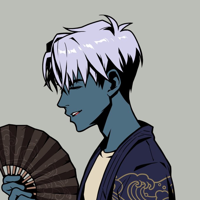 Anime-style illustration of a blue-skinned character with white hair wearing a dark robe, holding an ornate folding fan.