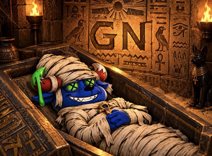 A fantasy artwork depicting a blue-skinned mummy character with green eyes wrapped in bandages, lying in an Egyptian sarcophagus decorated with "GN" lettering, hieroglyphs, and a black cat statue nearby.