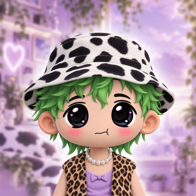A chibi-style character with large black eyes, green hair, and a cow-print bucket hat wears a leopard-print vest and pearl choker, matching the cute, kawaii aesthetic of the NFT mascot being hyped in the post. The purple, dreamy background with a neon heart reinforces the playful "gm" (good morning) vibe of the community shoutout to @EnterNYX.