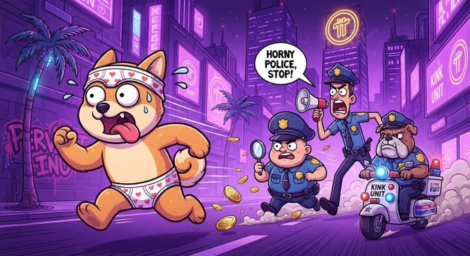 A cartoon illustration depicts a dog in a heart-patterned headband and underwear running from three police officers (including one on a "KINK UNIT" scooter) chasing it through a neon-lit purple city street, with one officer shouting "HORNY POLICE, STOP!"