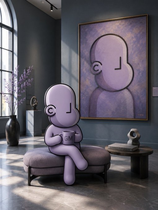 The image features an art gallery with a large painting hanging above a purple figure sitting on a bench, holding a coffee cup. The painting depicts a cartoon character wearing a hat and has a name tag reading "NPC" on its back. The scene is set against a blue wall, creating a visually appealing contrast between the vibrant colors of the painting and the cool tones of the room.