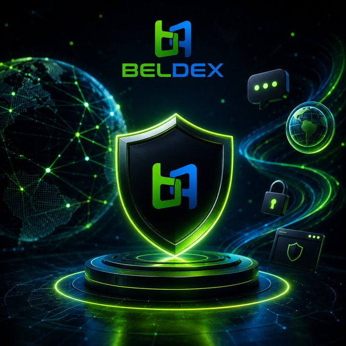 A futuristic graphic featuring the "BELDEX" logo above a glowing green shield emblem, surrounded by a digital globe, chat bubble, padlock, and browser window icons — symbolizing privacy and security across digital communication, browsing, and finance.

The image ties to the post by visually representing Beldex's focus on privacy as infrastructure for messaging, browsing, transactions, and digital identity.