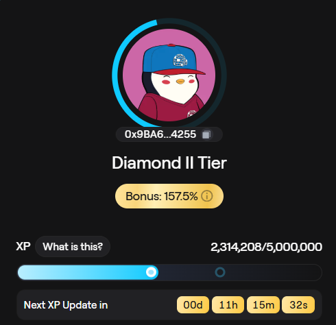 The image displays a cartoon penguin wearing a hat with a blue brim, standing behind a webpage titled "Diamond II Tier". Below this title, there are two tabs or windows that provide information about the current XP update and an XP-related promotion on Obsidian, which appears to be loading. The text above these tabs mentions the importance of participating in the update process as it brings new features and benefits, including "Happy XP DAY! It`s halfway through!"