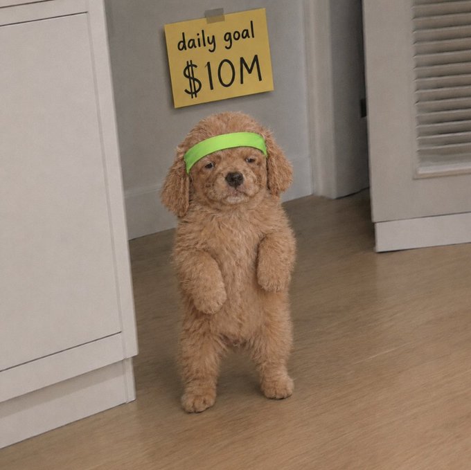 An adorable fluffy brown puppy stands on its hind legs wearing a neon green headband, positioned beneath a yellow sticky note that reads "daily goal $10M." The image humorously ties into the post's pitch for the $ROBIN token, with the determined-looking puppy and ambitious financial goal playfully personifying the hustle to recruit investors' Robinhood wallets.