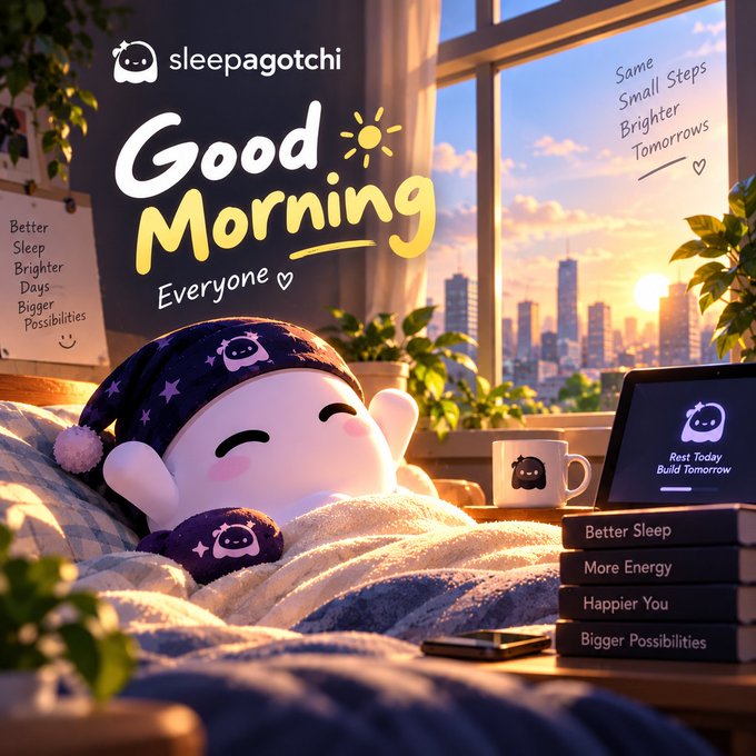 A promotional image for Sleepagotchi featuring a cute plush character in a sleeping cap in bed, with a 'Good Morning Everyone' greeting and motivational text about better sleep and brighter days.