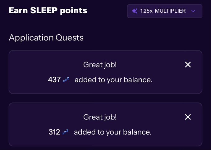 An 'Earn SLEEP points' interface with a 1.25x multiplier, showing two 'Great job!' application quest notifications adding 437 and 312 points to the user's balance.