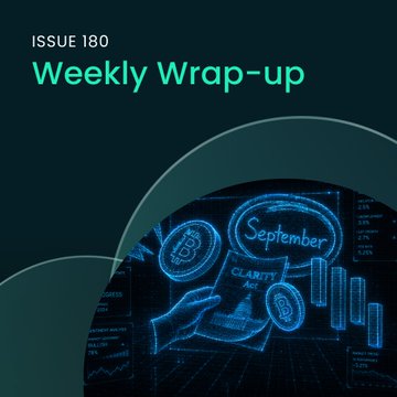 A dark green graphic titled 'ISSUE 180 Weekly Wrap-up' features stylized neon-blue icons of coins labeled 'September' and 'CLIENT' against a digital background with a stock chart.