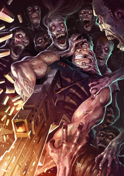 A detailed, action-packed digital illustration showing a man firing a heavy machine gun while being attacked and swarmed by grotesque zombies and monsters.