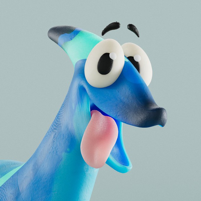 A 3D render of a blue cartoon dog with a long pink tongue hanging out and wide eyes.