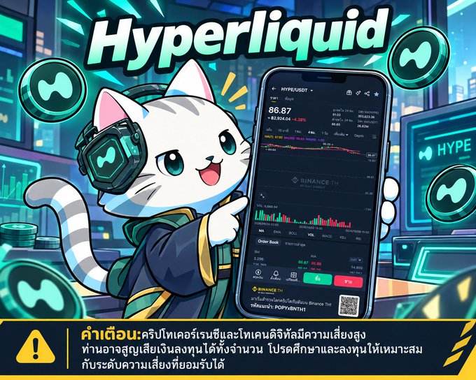 Promotional graphic featuring a cartoon white cat in tech gear pointing at a phone screen displaying the HYPE/USDT trading pair on Binance TH, with Thai warning text about cryptocurrency investment risks.