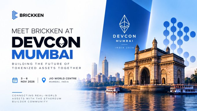 A promotional banner for BRICKKEN’s “DEVCON MUMBAI” conference shows the Gateway of India, city skyline, and text including “3–6 NOV 2026,” “JIO WORLD CENTRE MUMBAI, INDIA,” and “BUILDING THE FUTURE OF TOKENIZED ASSETS TOGETHER.”