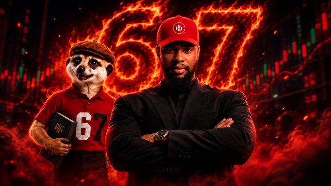 A promotional image featuring a man in a black suit and red cap with crossed arms, standing in front of fiery red '67' graphics, accompanied by a meerkat mascot wearing a red '67' jersey and holding a notebook.