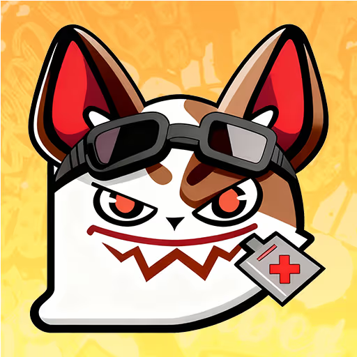 Cartoon illustration of an angry-looking white and brown cat character wearing black sunglasses, with red eyes, a jagged grinning mouth showing sharp teeth, and what appears to be a game controller, set against a yellow patterned background.
