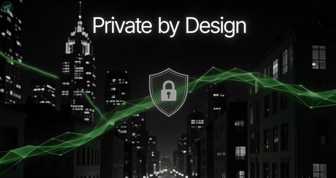 A dark cityscape featuring a shield icon and the text 'Private by Design' with green digital wave graphics flowing across the screen.