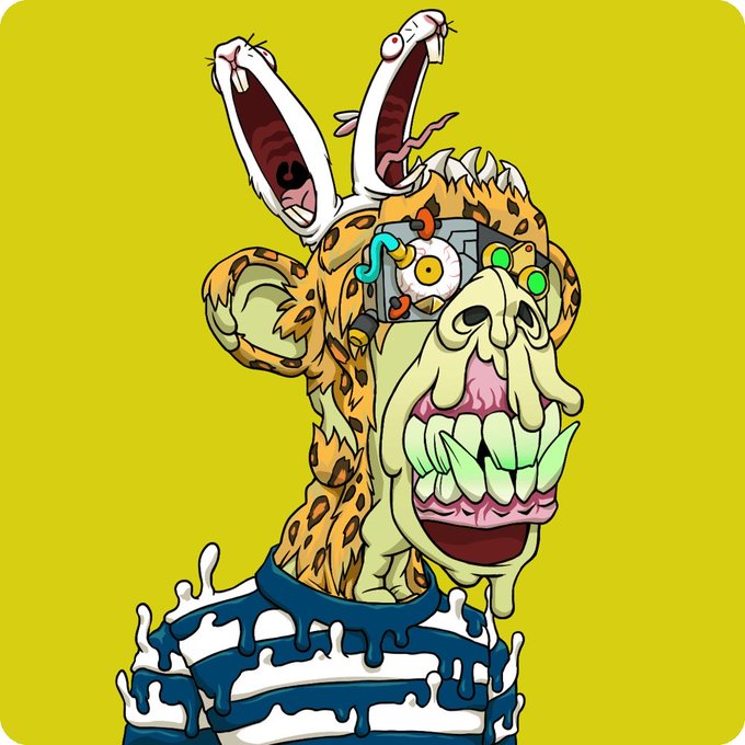 A cartoon illustration of a grotesque, zombified character with a leopard-print head, exposed teeth, mechanical eyes, and a rabbit-eared hat on a yellow background.