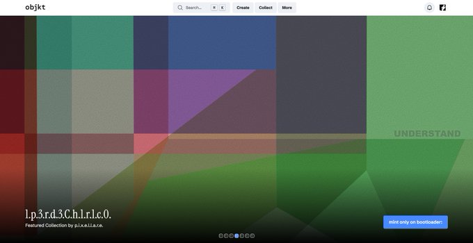 A website called "objkt" displays a colorful geometric featured collection titled "lp3rd3Ch.lrlc0." with a "mint only on bootloader" button.