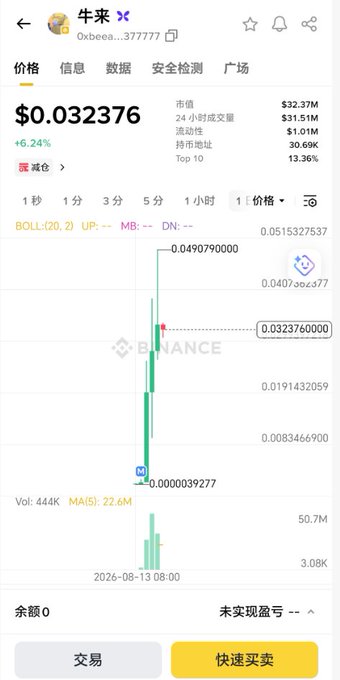 The image shows a Binance price chart for the meme token 牛求 (0xbeea...377777), which spiked to a high of $0.049079 before crashing down to $0.032376 (a -6.24% decline with 34% pullback from peak), illustrating the post's warning about meme coins pumping briefly on hype then sharply dumping, with no underlying narrative to sustain them.