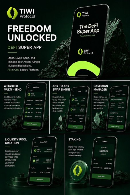 A promotional graphic for 'TIWI Protocol' advertising it as a 'DeFi Super App' with features like 'WEIGHTED MULTI-SEND', 'ANY TO ANY SWAP ENGINE', 'CAMPAIGN MANAGER', 'LIQUIDITY POOL CREATION', and 'STAKING'.