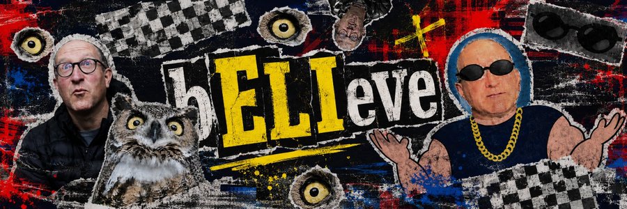 A collage-style graphic titled "bELIeve" features Bill Gates on the left and an edited image of a bald figure with sunglasses on the right, surrounded by eyes, owls, and ransom-note style text.