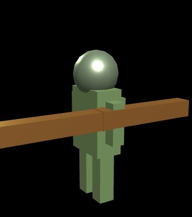 A green blocky figure with a shiny metallic sphere for a head stands against a black background, arms outstretched while holding a long brown plank, symbolizing balance or reaching out to the community in connection with the giveaway.