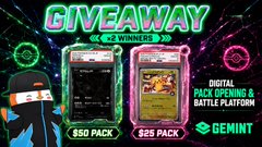 A promotional graphic for a giveaway featuring two digital card packs ($50 Pack and $25 Pack), themed around Digimon with text reading '+2 WINNERS' and 'DIGITAL PACK OPENING & BATTLE PLAYFORM'.