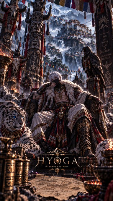 A fantasy-themed AI artwork titled 'JYOGA' depicting a white-haired ruler seated on an ornate throne, accompanied by a white tiger and a large bird of prey, set against a mountainous backdrop.