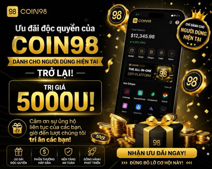 The image advertises Coin98's exclusive offer for current users, with a value of 5000 USDT, featuring a smartphone displaying the Coin98 DeFi platform and a gift box surrounded by gold coins. This visually represents the generous offer and the crypto-focused nature of the promotion.