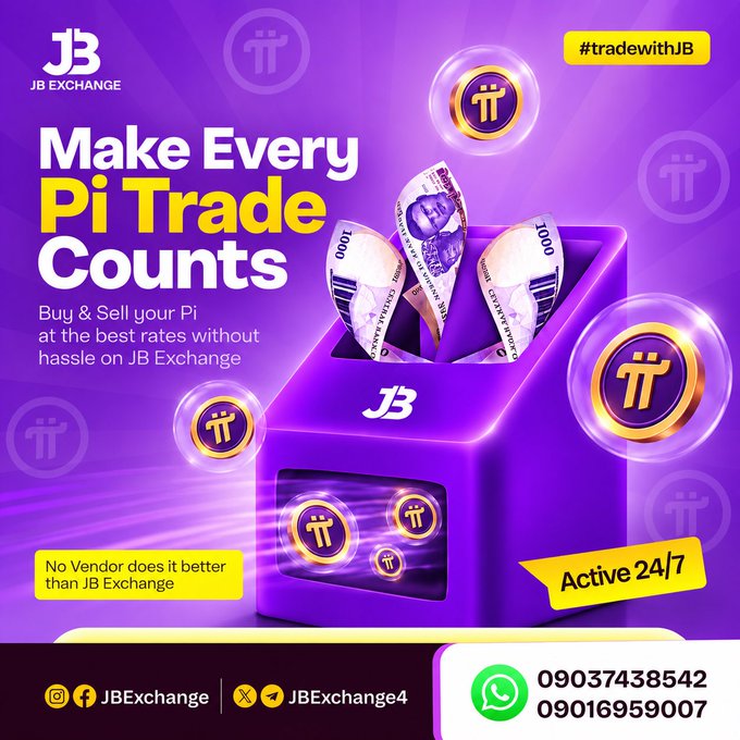 An advertisement for 'JB EXCHANGE' promoting 'Make Every Pi Trade Counts' to buy and sell Pi cryptocurrency, featuring contact numbers 09037438542 and 09016959007.