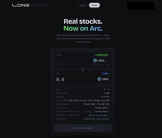A website screenshot for 'LONG | STOCKS ON ARC' promoting the ability to bridge CRCL tokens between Robinhood and Arc, showing a swap interface with a 1:1 rate, ~1-2 minute estimated time, and '0.1 USDC free' gas fee.
