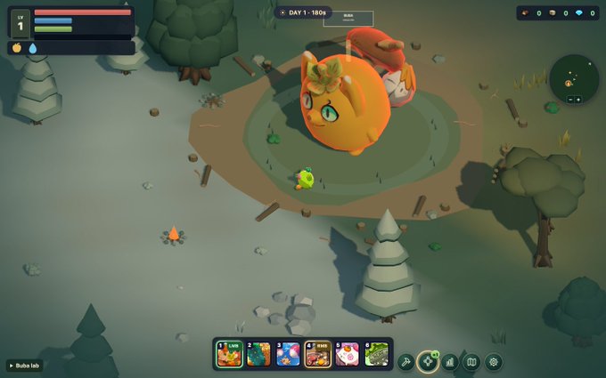 A screenshot of a video game featuring a large pumpkin-like character with cat ears standing in a forest clearing, with a 'DAY 1 - 100x' timer and game UI elements visible.