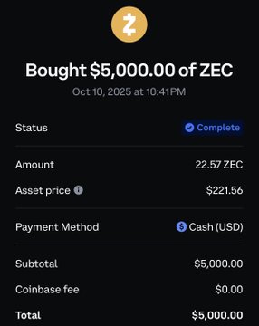 A Coinbase purchase confirmation screenshot showing 22.57 ZEC bought for $5,000.00 (at $221.56 per coin) on October 10, 2025, supporting the post's claim of buying Zcash during its 1200% annual surge.