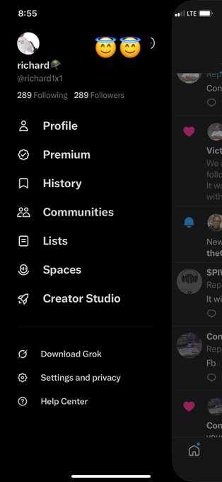 A screenshot of a Twitter/X side menu for user 'richard' (@richardtx1) showing navigation options like Profile, Premium, and Communities.